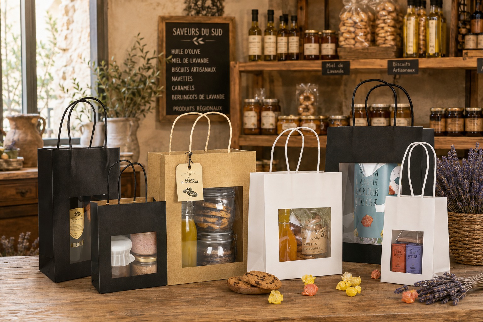 Sacs alimentaires pas chers en kraft avec poignées torsadées et fenêtre, adaptés aux coffrets gourmands et présentations de produits, disponibles en plusieurs formats et coloris.