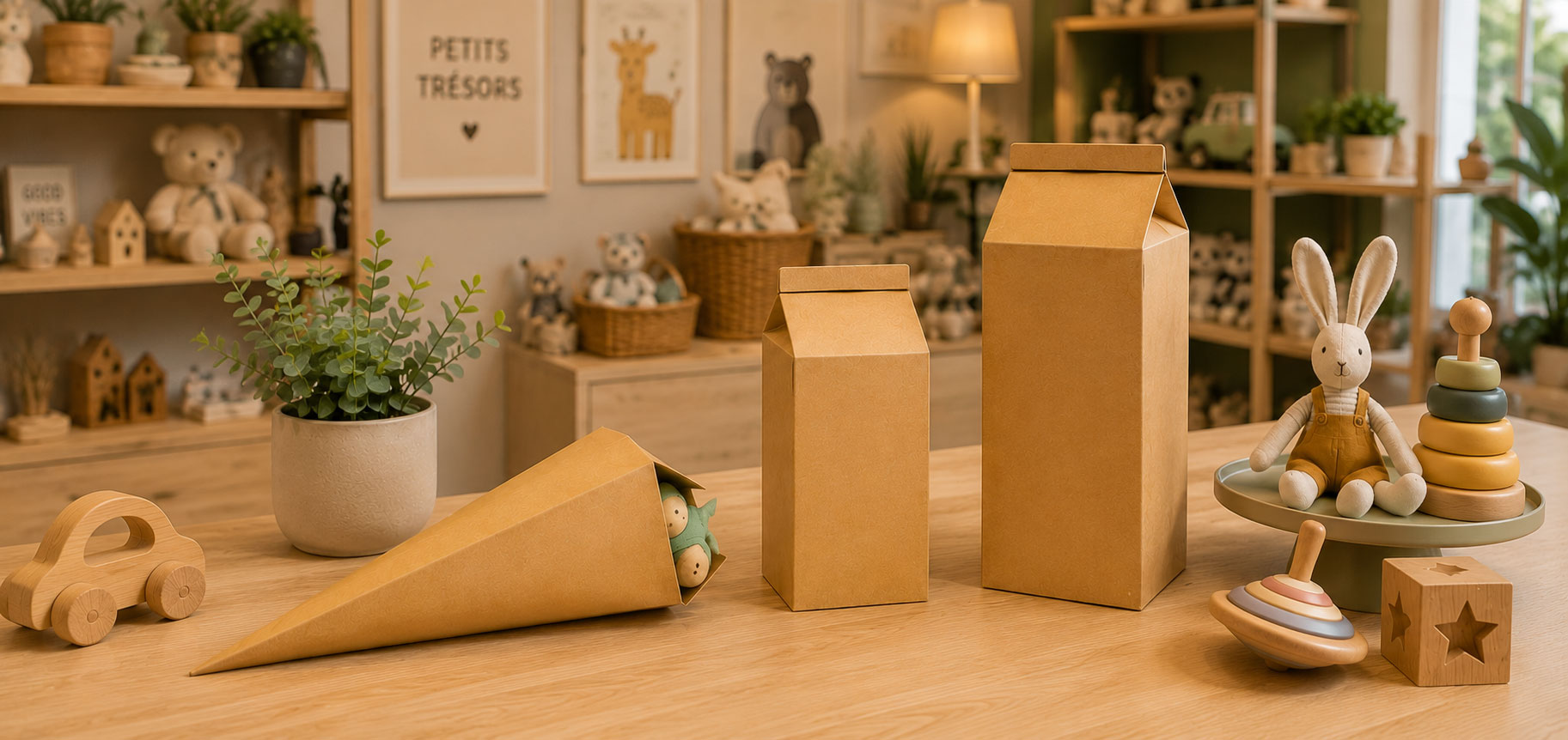Boîtages en kraft brun recyclé, aptes au contact alimentaire et 100% recyclables, disponibles en formats pochette surprise et brique de lait.