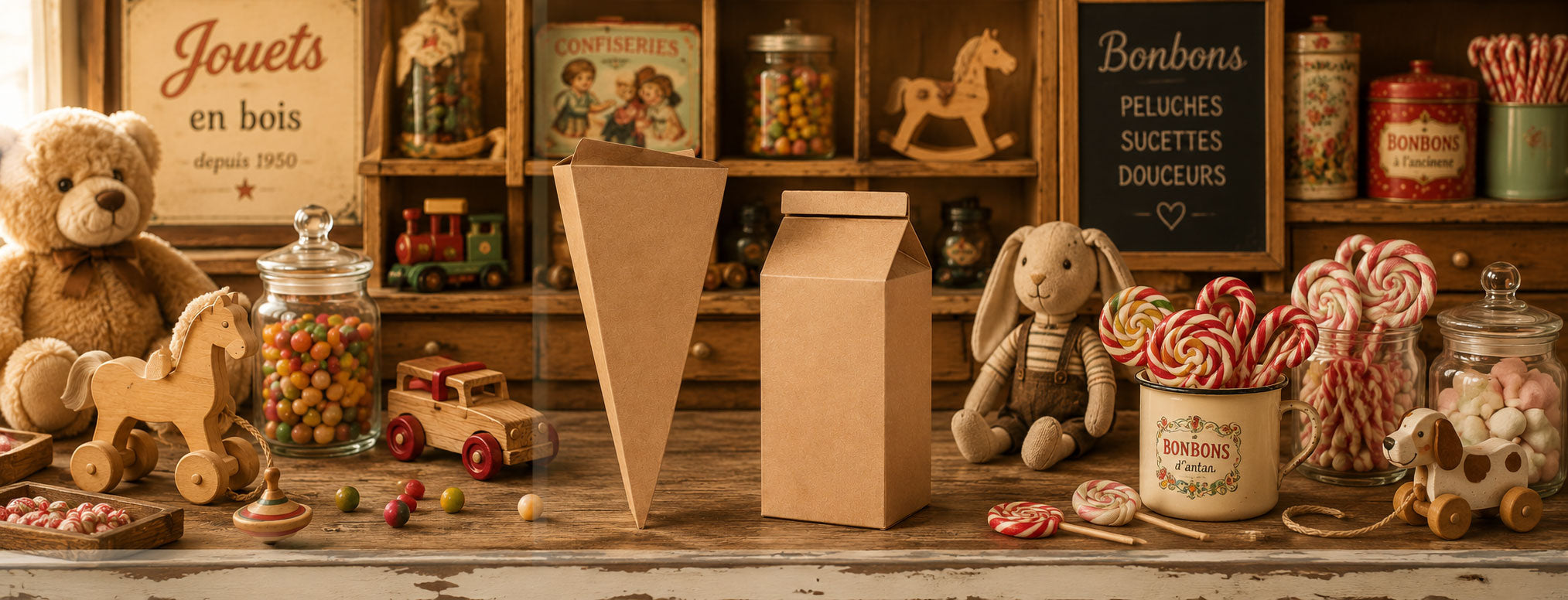 Boîtages alimentaires en kraft brun recyclé, aptes au contact alimentaire et 100% recyclables, disponibles en formats pochette surprise et brique de lait.