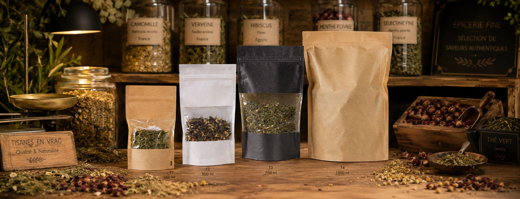 Sachets ZIP alimentaires en kraft avec fermeture zip, avec ou sans fenêtre, adaptés à la vente en vrac, aptes au contact alimentaire et doublés d'un film en polyéthylène.