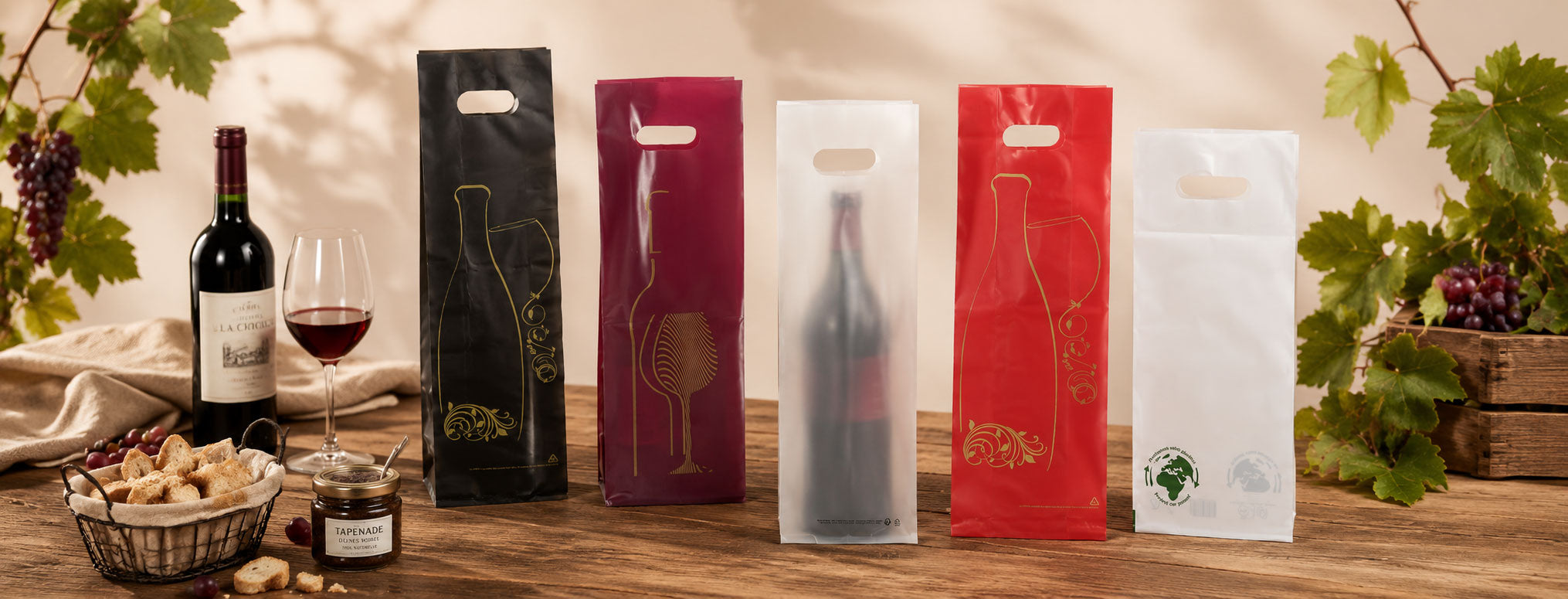 Sacs bouteilles en plastique à poignées découpées, disponibles en formats 1, 2 et 3 bouteilles et en plusieurs coloris.