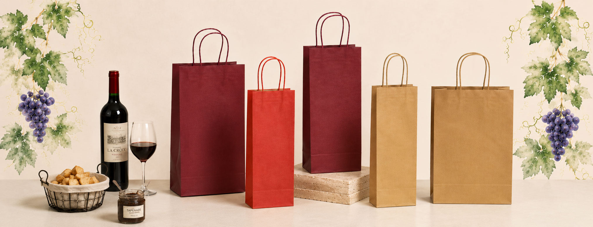 Sacs bouteilles pas chers en papier kraft à poignées torsadées, disponibles en formats 1, 2 et 3 bouteilles et en plusieurs coloris.