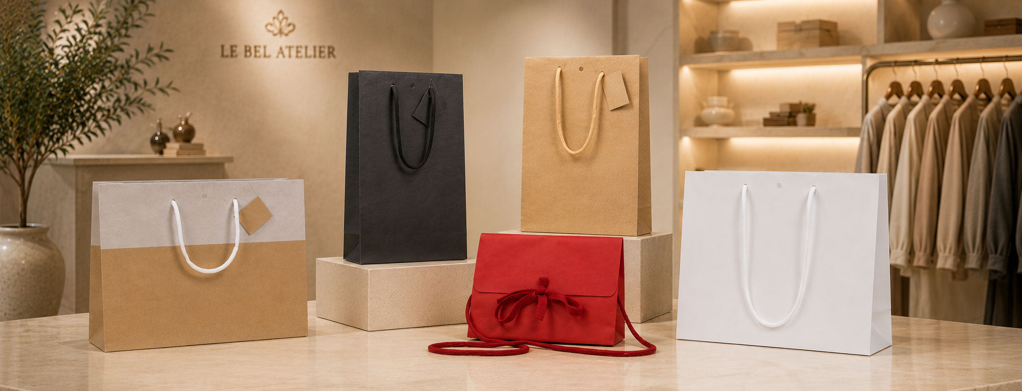 Sacs boutique en kraft recyclé avec poignées cordelières, avec ou sans fenêtre, disponibles du format Extra Small au Extra Giant et en plusieurs coloris.
