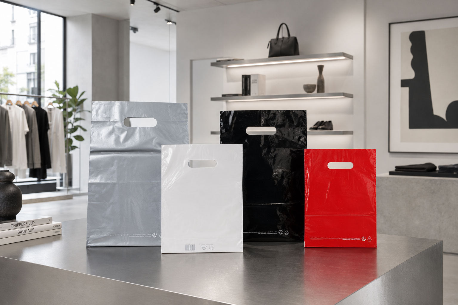 Sacs boutique en plastique PEHD ou PEBD avec poignées découpées, résistants, réutilisables et durables, disponibles en plusieurs coloris.
