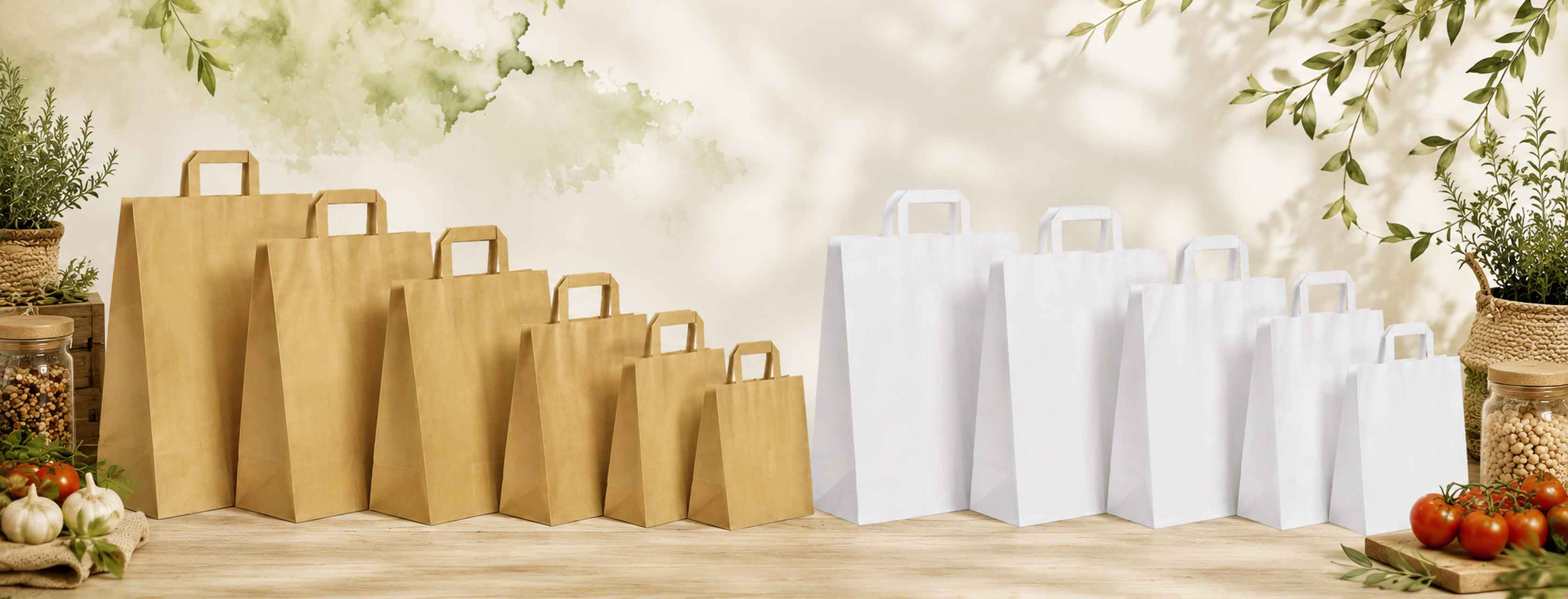 Sacs boutique en kraft brun ou blanc avec poignées plates, économiques, 100% recyclables et disponibles avec fond large pour traiteurs et vente à emporter.