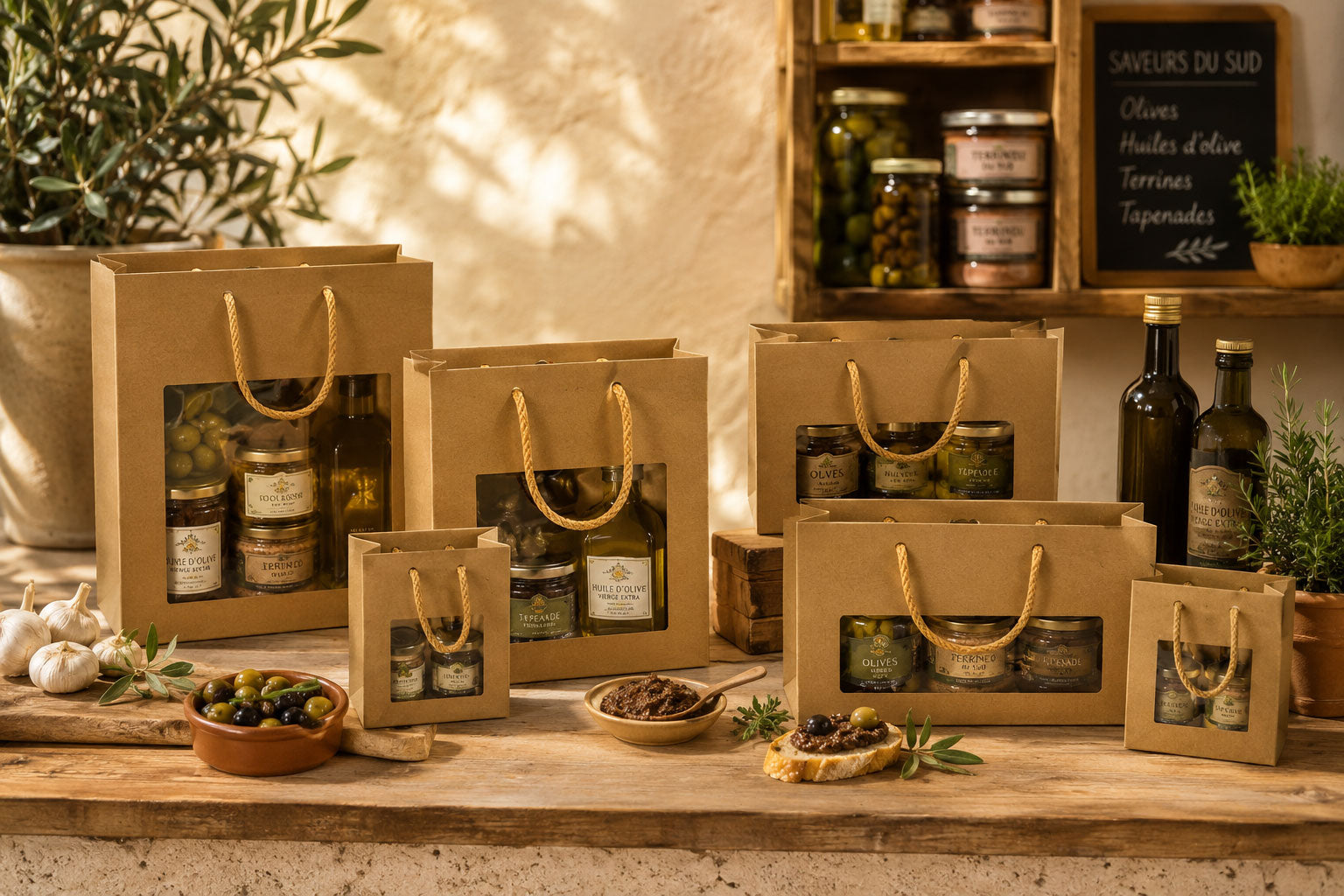 Sacs alimentaires en kraft recyclé avec poignées cordelières, avec ou sans fenêtre, adaptés aux traiteurs et à la vente à emporter grâce aux formats à fond large.