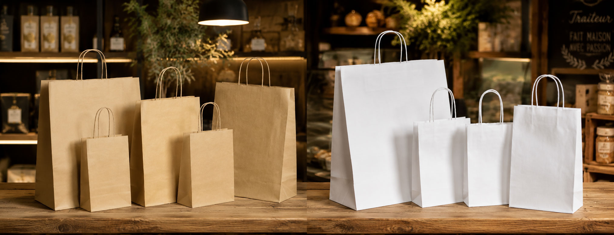 Sacs boutique pas chers en kraft avec poignées torsadées, avec ou sans fenêtre, disponibles en plusieurs formats et coloris.