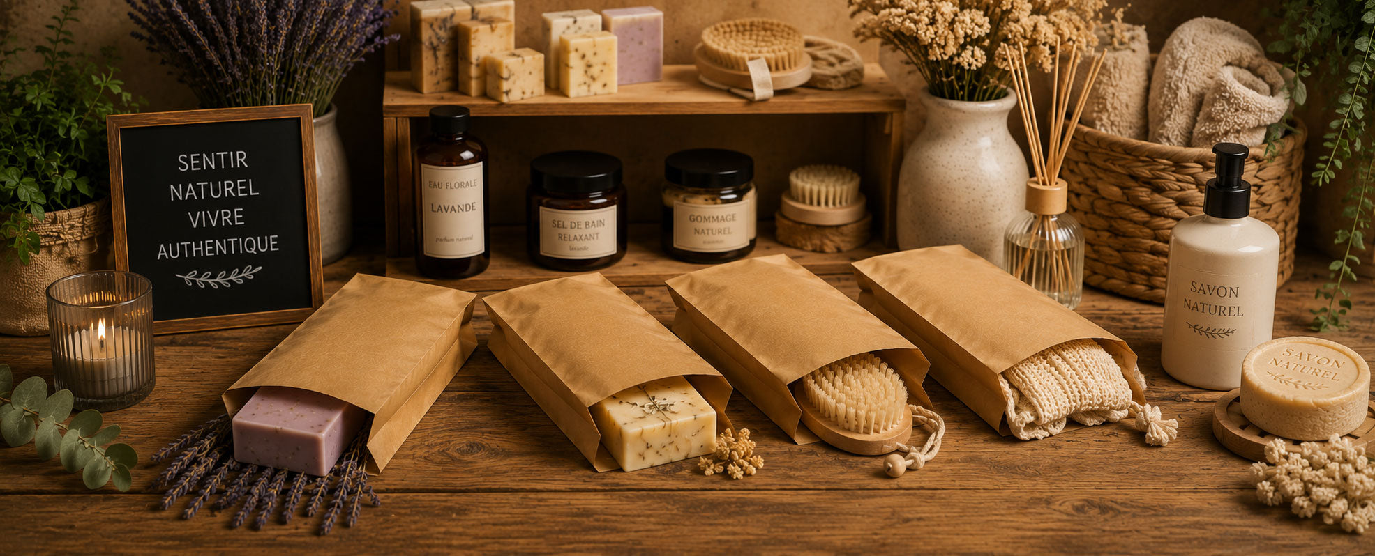 Pochettes en kraft brun recyclé, aptes au contact alimentaire, 100% recyclables et disponibles en 4 formats.