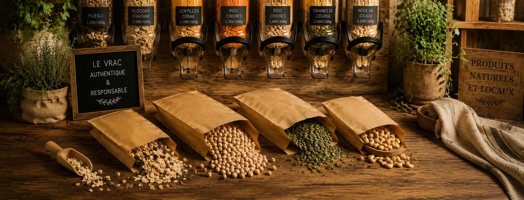 Pochettes alimentaires en kraft brun recyclé, adaptées à la vente en vrac, aptes au contact alimentaire, 100% recyclables et disponibles en 4 formats.