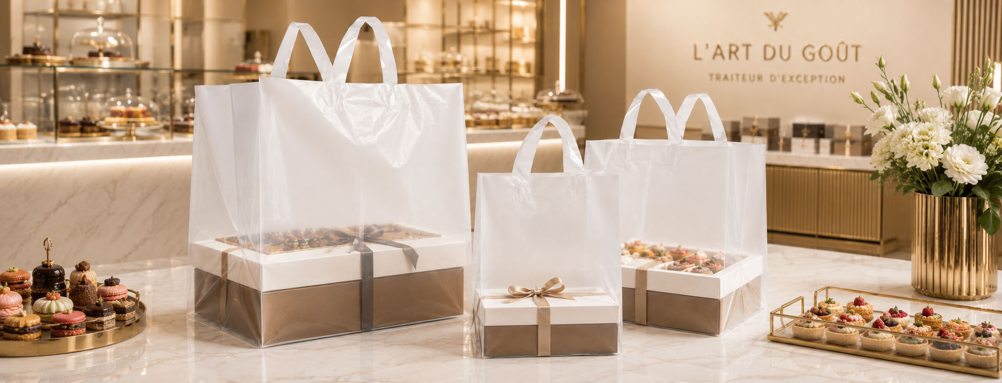 Sacs boutique en plastique PEHD translucide avec poignées souples, disponibles en 3 formats avec fond large pour traiteurs et vente à emporter.