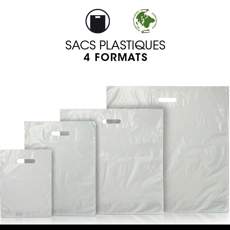 Sac plastique blanc|PEBD recyclé|poignées découpées|25x32+4cm|par 1000