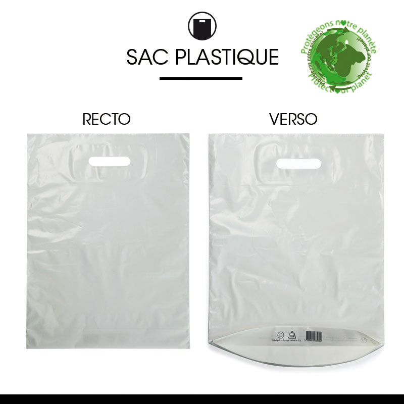 Sac plastique blanc|PEBD recyclé|poignées découpées|35x45+4cm|par 1000