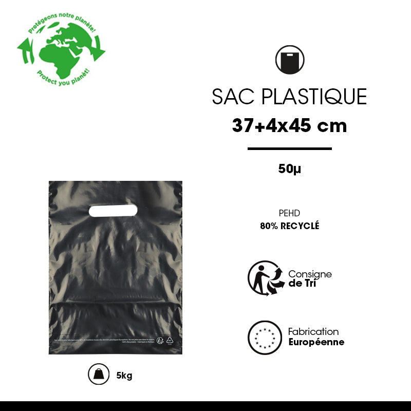 Sac plastique noir|PEBD recyclé|poignées découpées|37x45cm|par 500