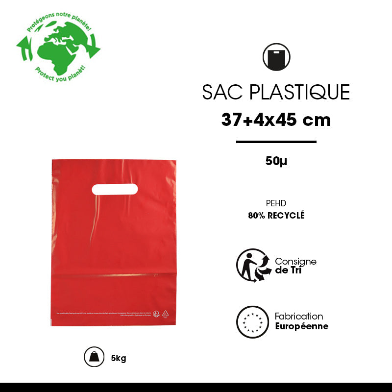 Sac plastique rouge|PEBD recyclé|poignées découpées|37x45cm|par 500