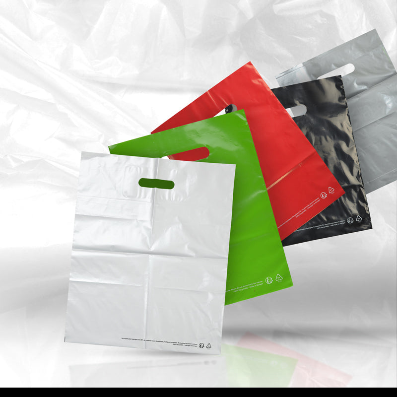 Sac plastique gris|PEBD recyclé|poignées découpées|37x45cm|par 500