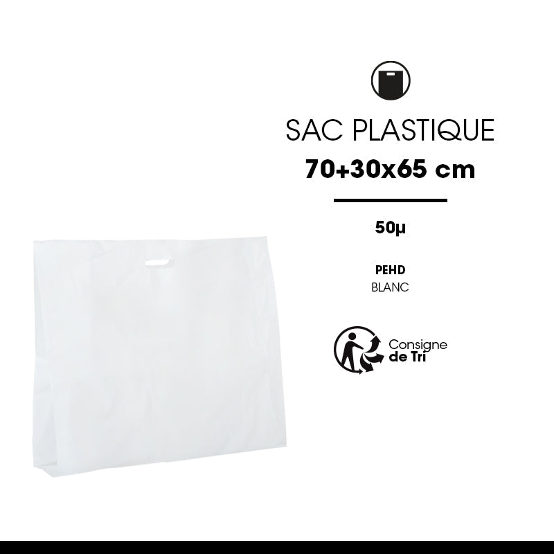Sac plastique|blanc|poignées découpées|70+30x65cm|par 200