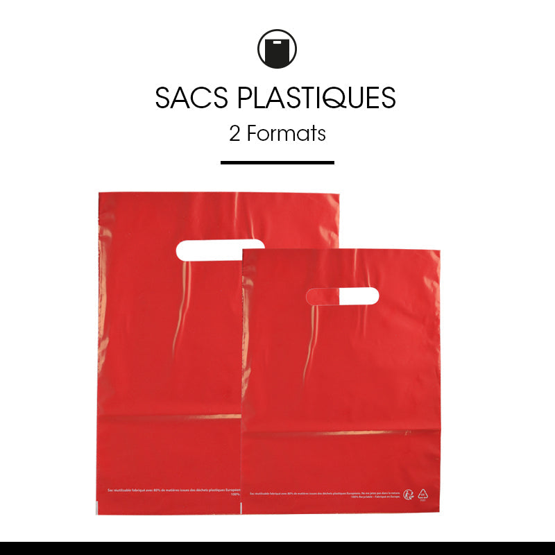 Sac plastique rouge|PEBD recyclé|poignées découpées|25x32cm|par 1000
