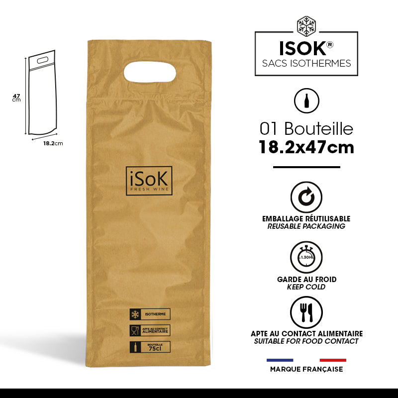 Sac isotherme 1 bouteille ISOK|brun effet kraft|18,2x47cm|par 100