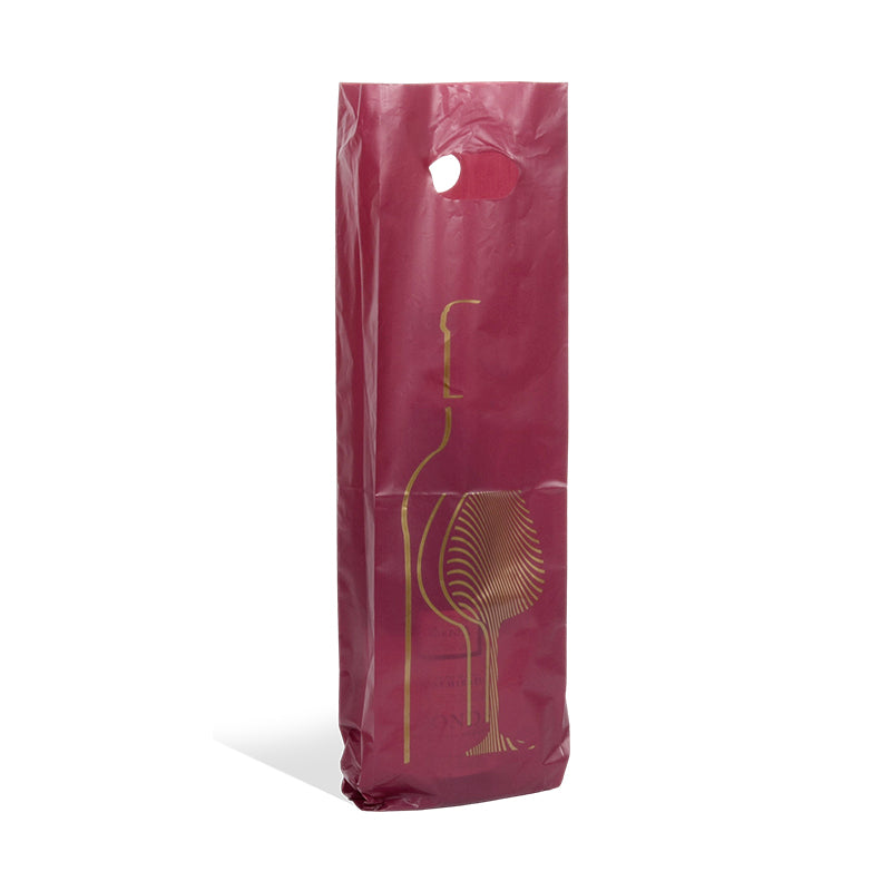 Sac plastique 1 bouteille|PEHD Lie de Vin|poignées découpées|12+3/3x46cm|par 1000