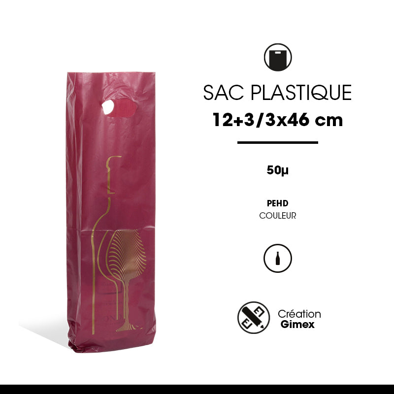 Sac plastique 1 bouteille|PEHD Lie de Vin|poignées découpées|12+3/3x46cm|par 1000