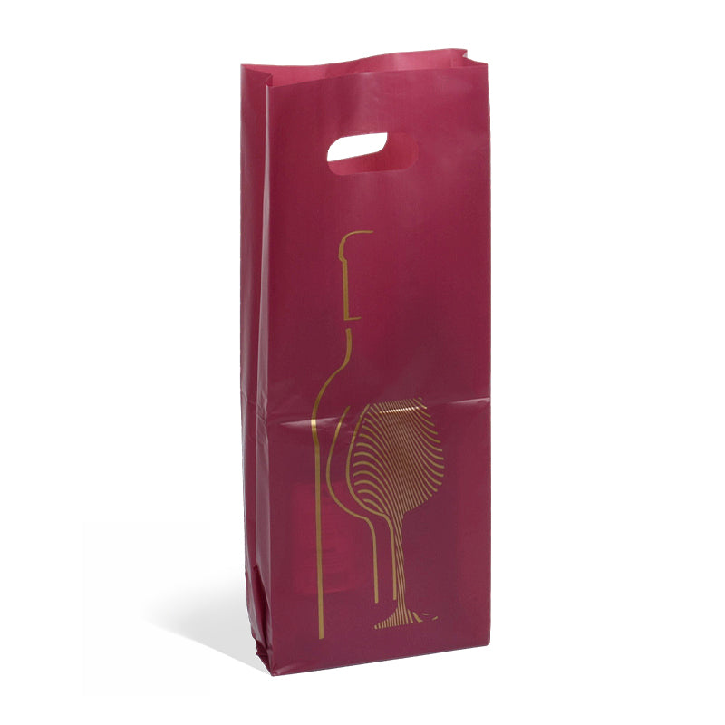 Sac plastique 2 bouteilles|PEHD Lie de Vin|poignées découpées|16+4/4x46cm|par 1000