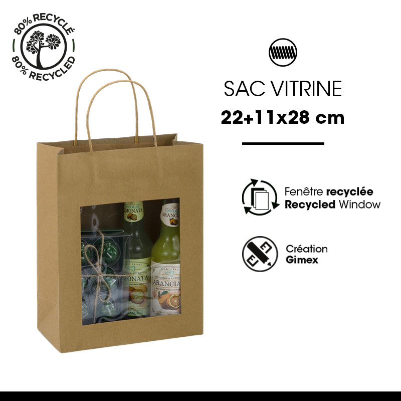 Sac vitrine|kraft brun|poignées torsadées|22+11×28cm|par 240