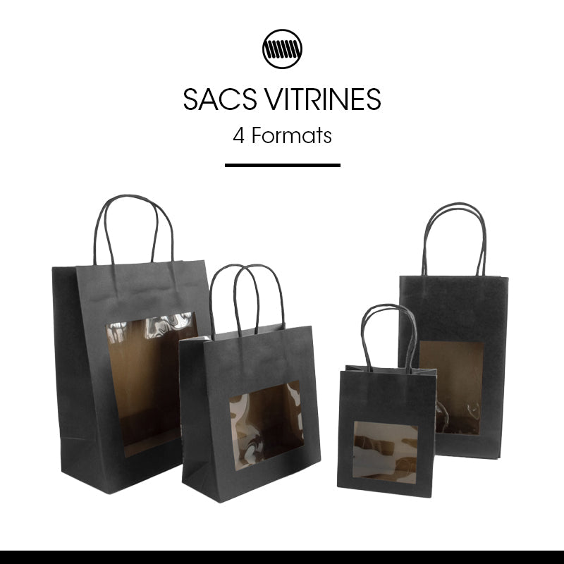 Sac fenêtre|kraft noir|poignées torsadées|14,5+7,5x25cm|par 200