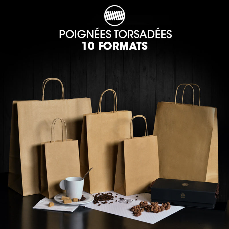 Sac boutique|kraft brun|poignées torsadées|22+10x28cm|par 250