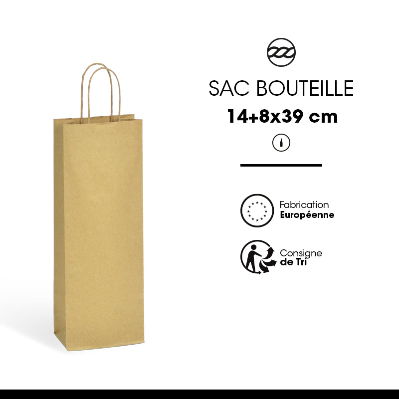 Sac 1 bouteille|kraft brun|poignées torsadées|14+8x39cm|par 300