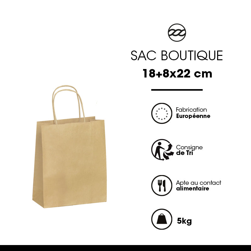 Sac boutique|kraft brun|poignées torsadées|18+8x22cm|vrac par 300