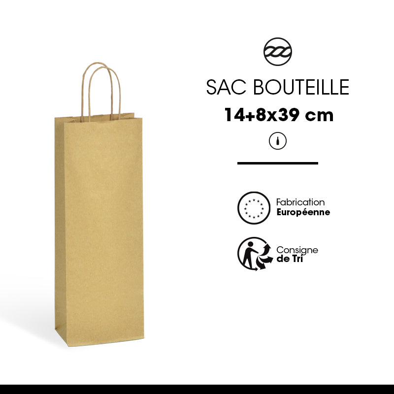 Sac 1 bouteille|kraft brun vergé|poignées torsadées|14+8x39cm|par 300