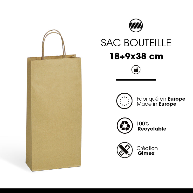 Sac 2 bouteilles|kraft brun|poignées torsadées|18+8x39cm|vrac par 200