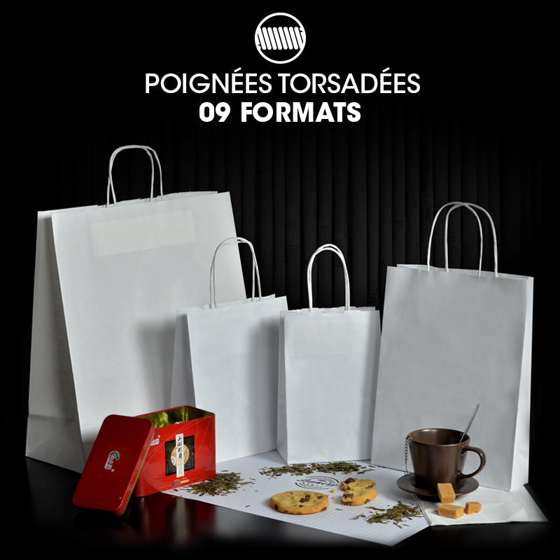 Sac boutique|kraft blanc|poignées torsadées|35+14x36cm|par 250