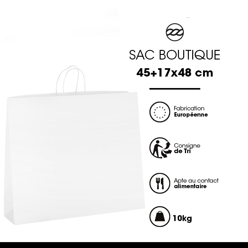 Sac boutique|kraft blanc|poignées torsadées|45+17x48cm|par 200