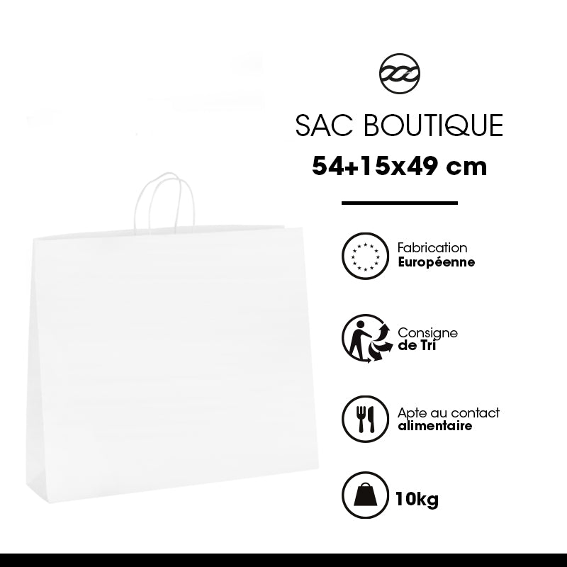 Sac boutique|kraft blanc|poignées torsadées|54+15x49cm|par 120