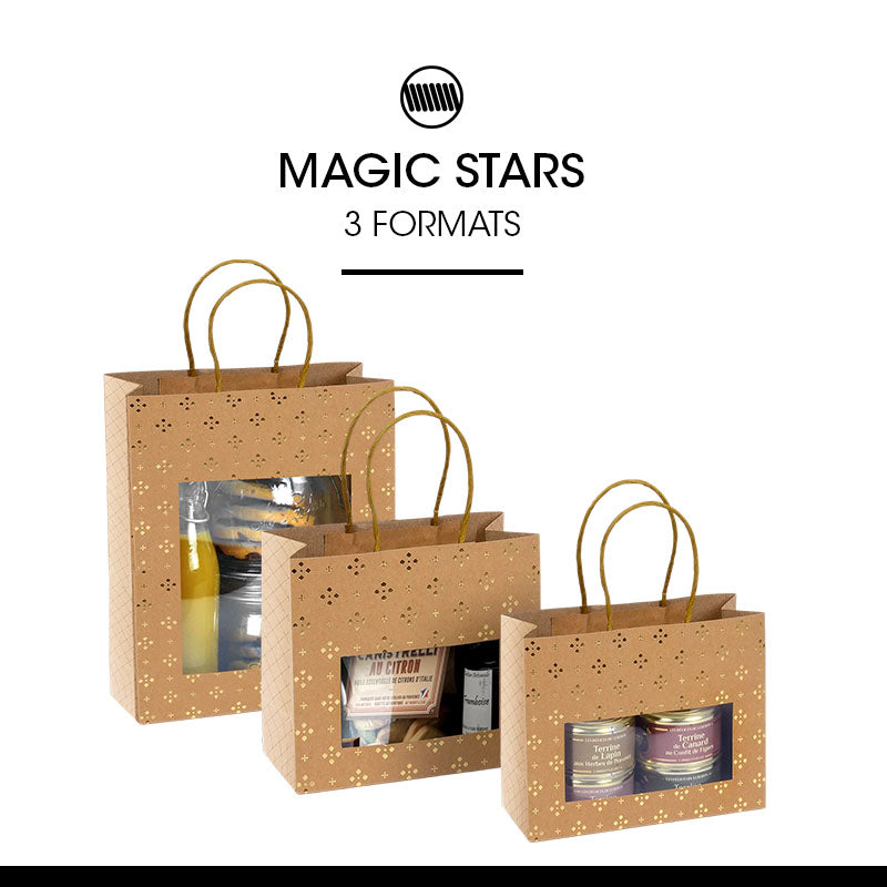 Sac Magic Stars fenêtre kraft brun poignées torsadées 18+8x19cm par 192