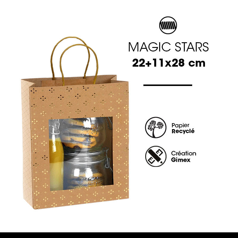 Sac Magic Stars fenêtre kraft brun poignées torsadées 22+11x28cm par 168