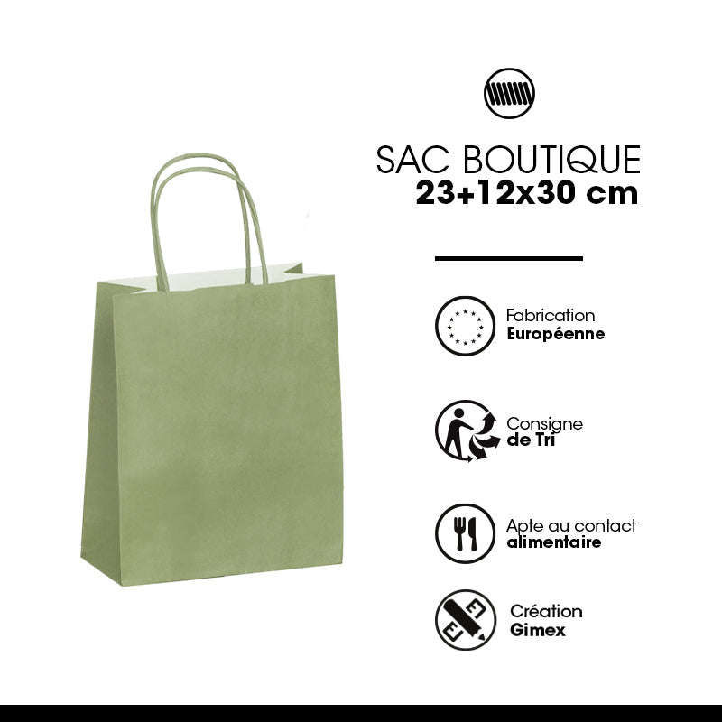 Sac papier poignées torsadées VERT AMANDE 23+12x30cm par 250