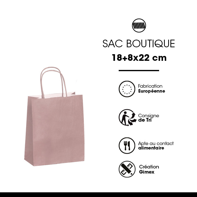 Sac papier poignées torsadées ROSE POUDRE 18+8x22cm par 300