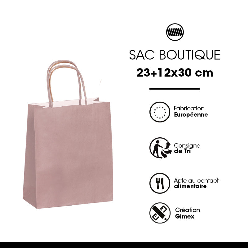 Sac papier poignées torsadées ROSE POUDRE 23+12x30cm par 250