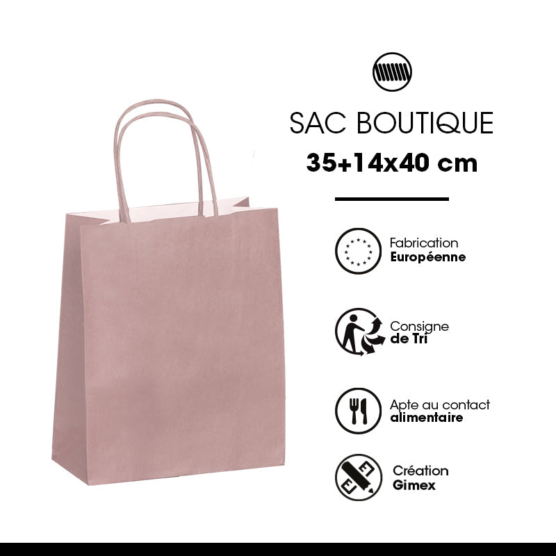 Sac papier poignées torsadées ROSE POUDRE 35+14x40cm par 250