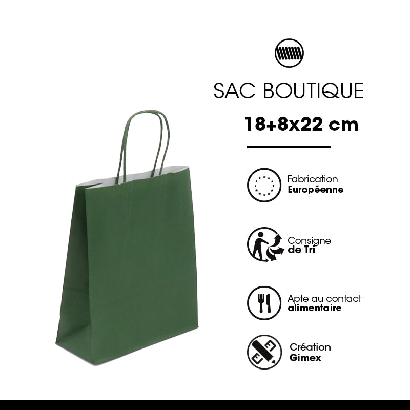 Sac papier poignées torsadées VERT FORÊT 18+8x22cm par 300