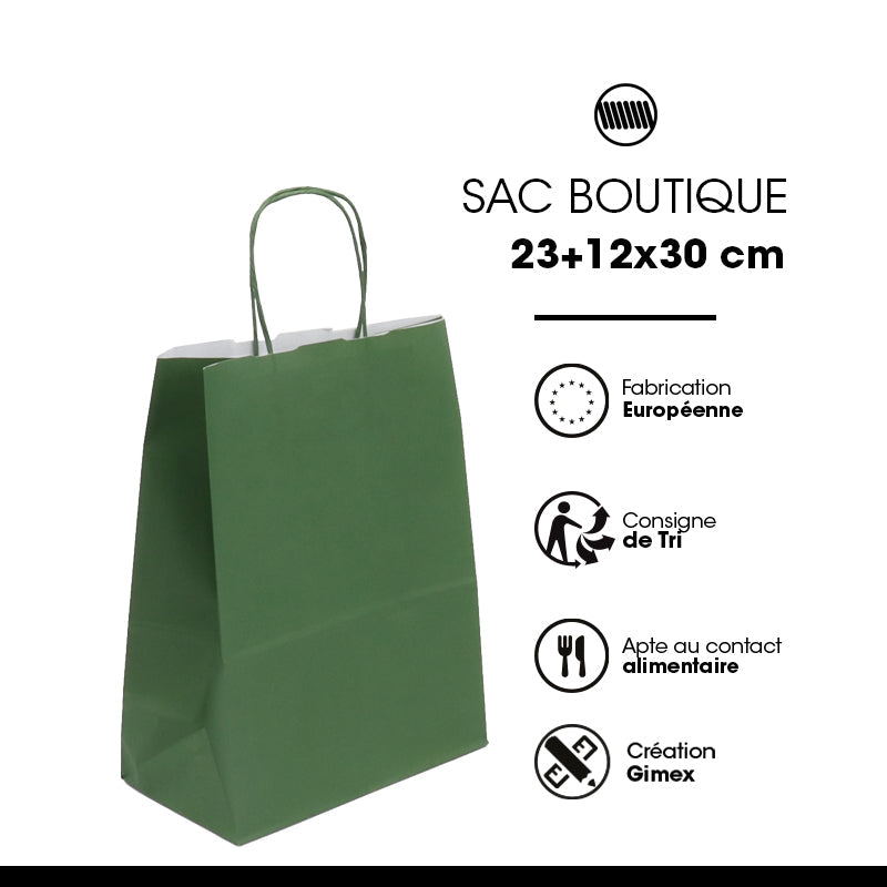 Sac papier poignées torsadées VERT FORÊT 23+12x30cm par 250