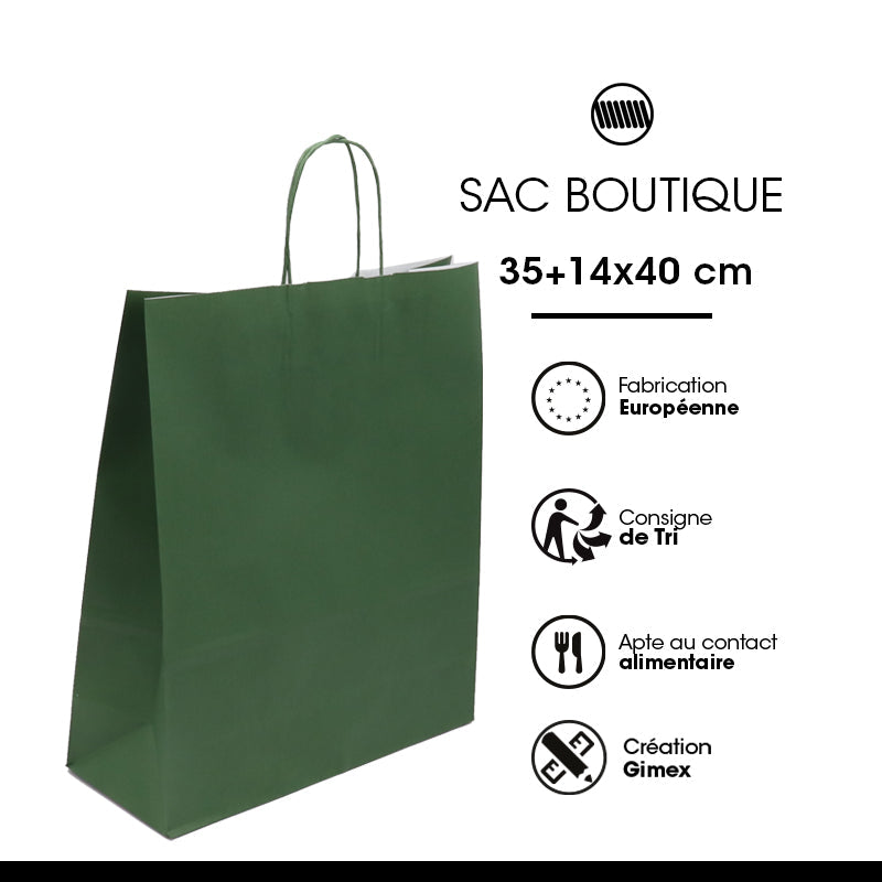 Sac papier poignées torsadées VERT FORÊT 35+14x40cm par 250