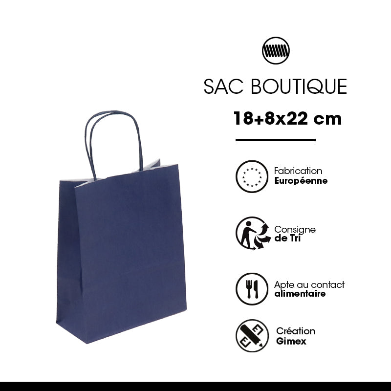 Sac papier poignées torsadées BLEU NAVY 18+8x22cm par 300