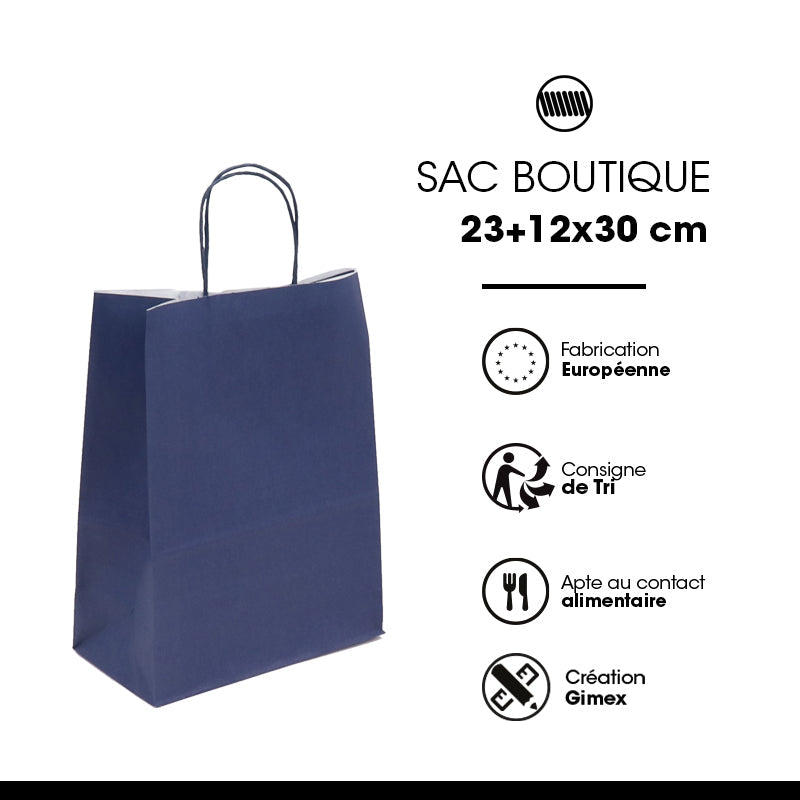 Sac papier poignées torsadées BLEU NAVY 23+12x30cm par 250
