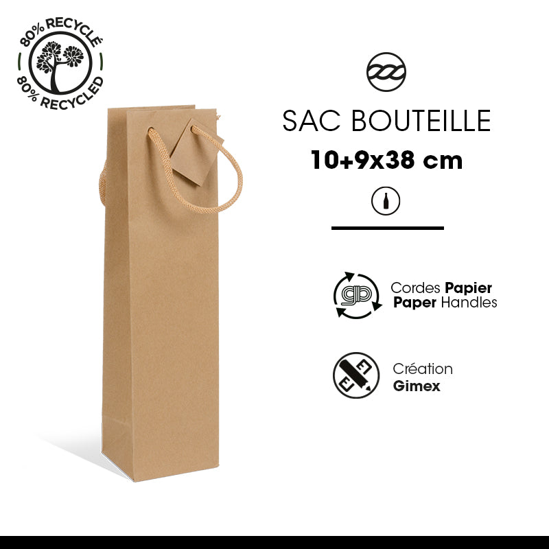 Sac 1 bouteille kraft brun poignées papier 10+9x38cm par 200