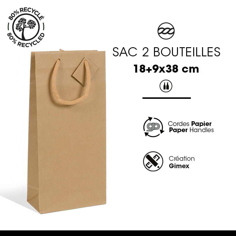 Sac 2 bouteilles kraft brun poignées papier 18+9x38cm par 100