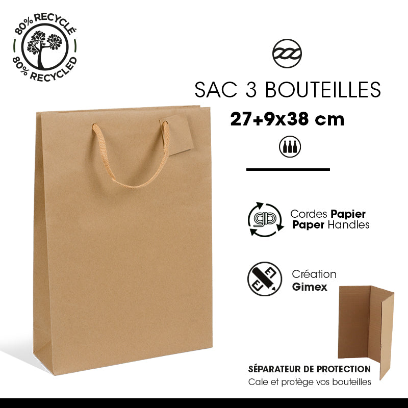 Sac 3 bouteilles kraft brun poignées papier 27+9x38cm par 100