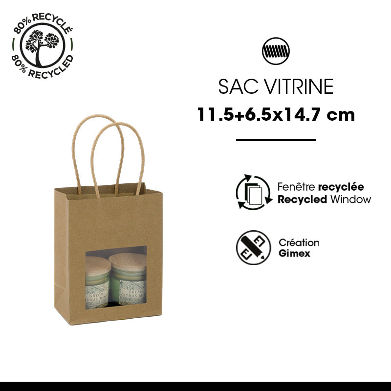 Sac vitrine kraft brun poignées torsadées 11,4+6,4×14,6cm par 500